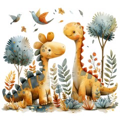 Obraz premium Two baby dinosaurs are standing in a forest with trees and birds. Scene is playful and whimsical