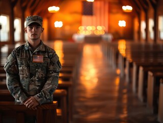 Patriotic First Light Service Soldier's Prayer in Church, American Flag, Faith, Hope, and Gratitude Capturing the Spirit of Service and Sacrifice A Moment of Reflection and Strength