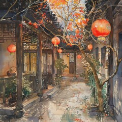Naklejka premium A watercolor painting of a traditional Chinese courtyard adorned with lanterns and festive decorations By Generated AI