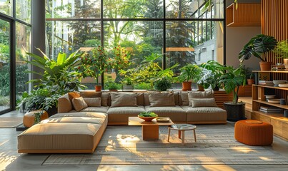 Fototapeta premium A sunny workspace with large windows and furniture featuring green plants creates a refreshing ambiance.
