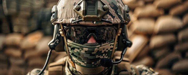 Military Soldier in Combat Gear with Sandbags Background, Camouflage, Helmet, Goggles, Tactical, Armed Forces, Military, Army, Navy, Air Force, Marines, National Guard, Veteran, War, Defense