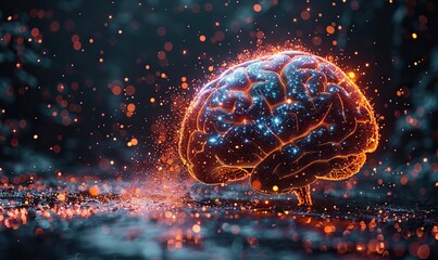 An abstract human brain is made from particles of light.