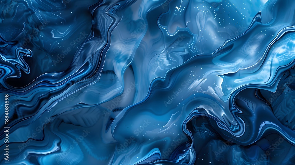 Poster intricate blue liquid patterns and shapes, creating a fluid and artistic background.
