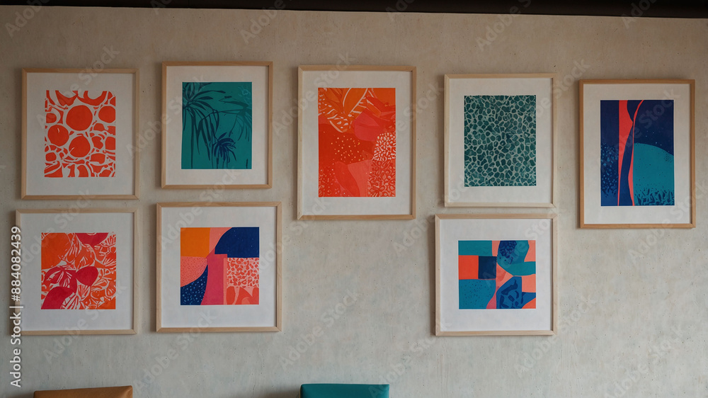 Poster Wall Decor with Colorful Abstract Art Prints in Wooden Frames Arranged in Grid Pattern