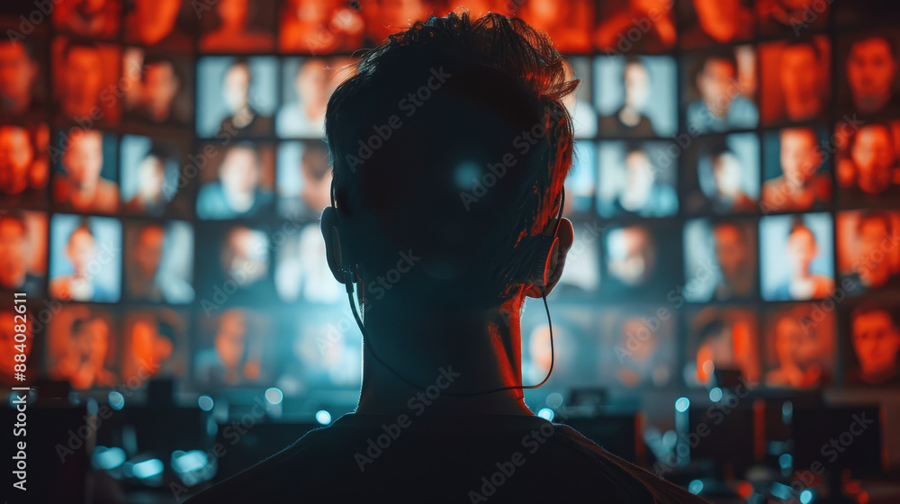 Poster a person wearing a headset stands in front of numerous screens displaying various faces and images, 