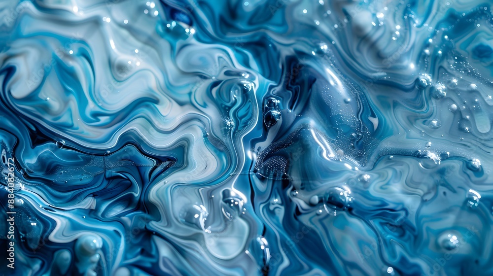 Poster intricate blue liquid patterns and shapes, creating a fluid and artistic background.
