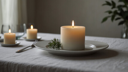 Cozy table setting with lit white candles on plates and minimalist decor