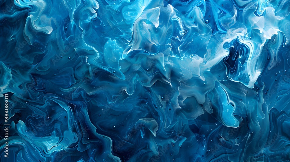 Poster intricate blue liquid patterns and shapes, creating a fluid and artistic background.