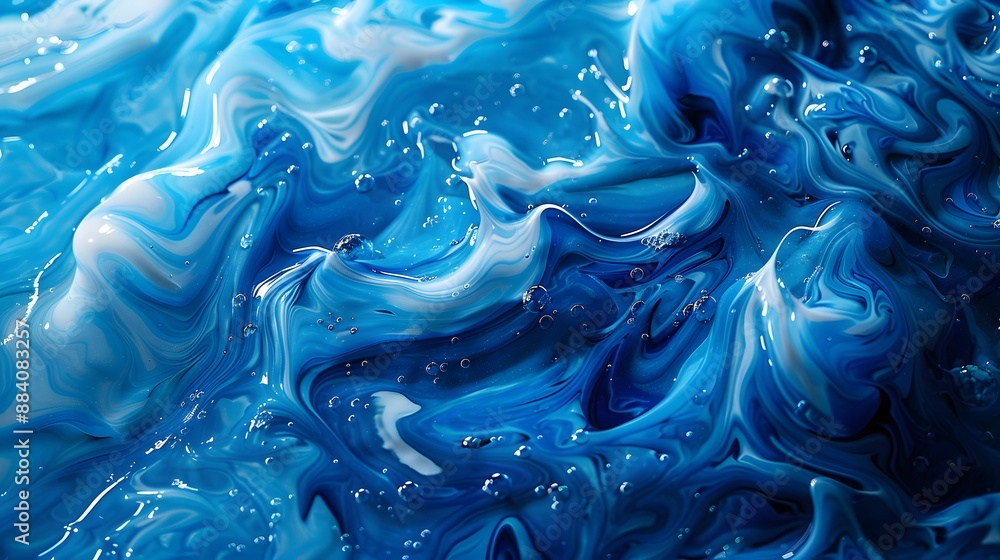 Poster intricate blue liquid patterns and shapes, creating a fluid and artistic background.