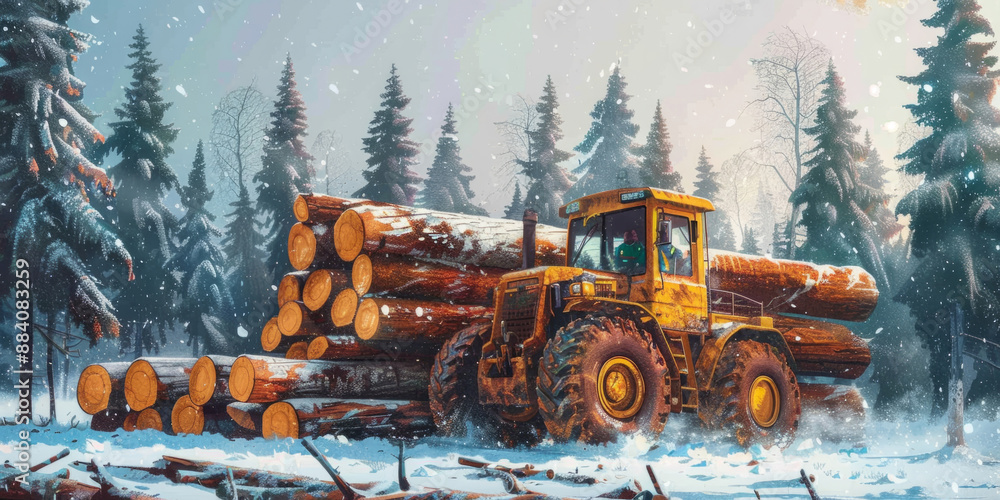 Aufkleber log loader on loading wood in drawing style