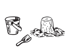 Bucket and spade. Sand in bucket sketch. Hand draw plastic kid toy. Children play on beach.  Summer icon. Build figures from sand