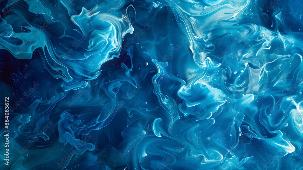 Poster intricate blue liquid patterns and shapes, creating a fluid and artistic background.
