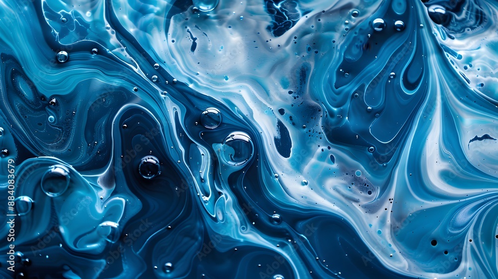 Poster intricate blue liquid patterns and shapes, creating a fluid and artistic background.