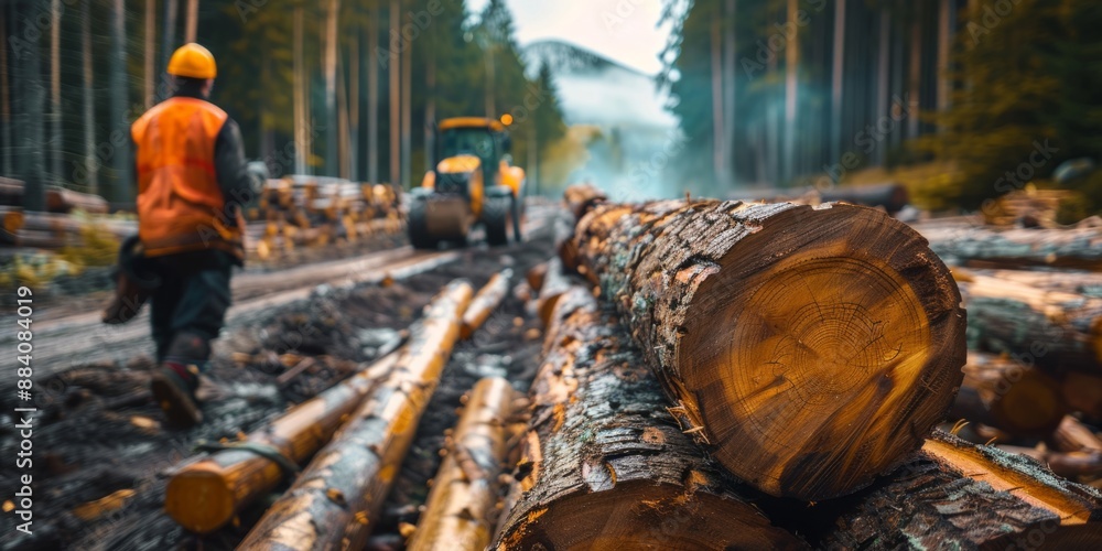 Poster stack of logs in the forest, felling of trees
