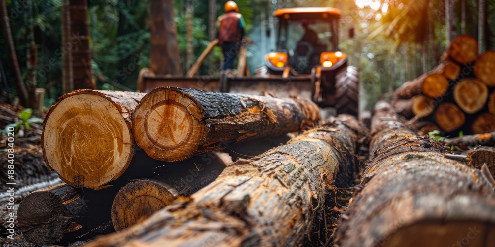 Poster stack of logs in the forest, felling of trees