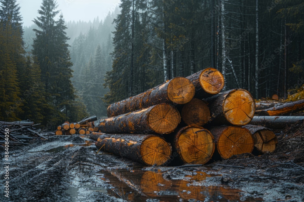 Poster stack of logs in the forest, felling of trees