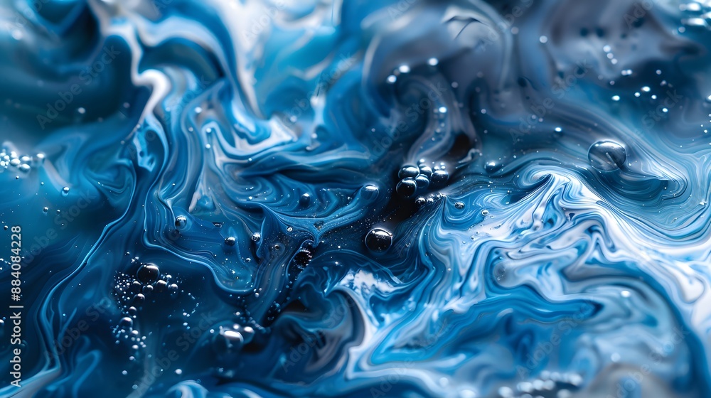 Poster intricate blue liquid patterns and shapes, creating a fluid and artistic background.
