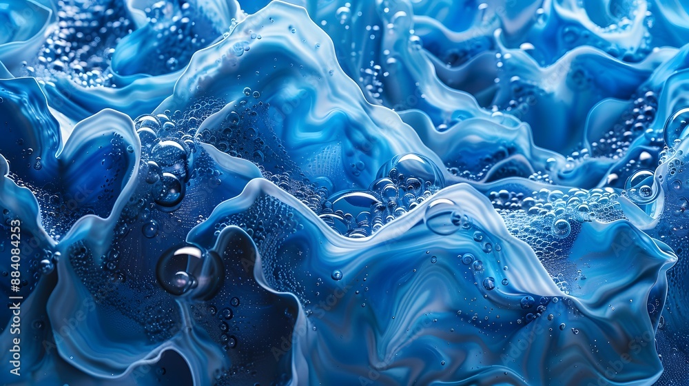 Poster intricate blue liquid patterns and shapes, creating a fluid and artistic background.