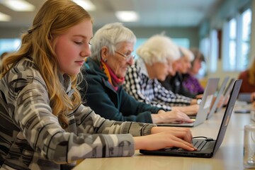 Young girl teaches older women how to work on the computer