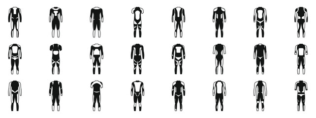 Wetsuit icons set. Collection of thermal underwear showing different designs for athletes practicing winter sports