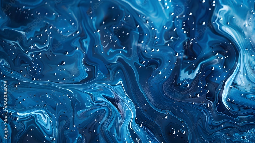 Poster intricate blue liquid patterns and shapes, creating a fluid and artistic background.