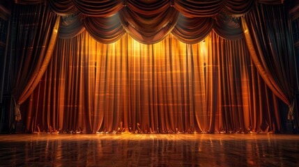 Elegant orange theater stage curtains with spotlight illumination