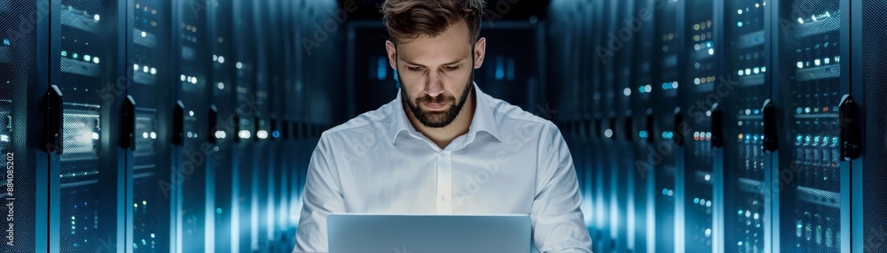 Poster man working on a laptop in a server room, illuminated by blue lights, focuses on his task surrounded