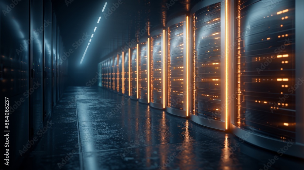 Poster modern data center with server racks and glowing lights, showcasing advanced technology and infrastr