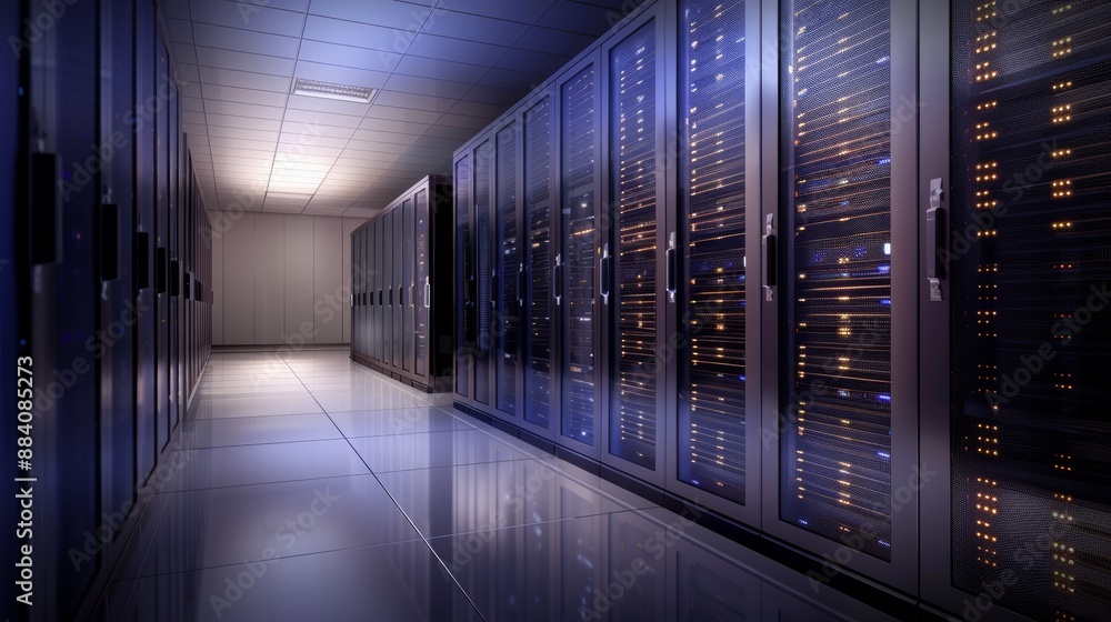 Aufkleber modern data center with server racks in dim blue lighting, showcasing advanced technology and infras