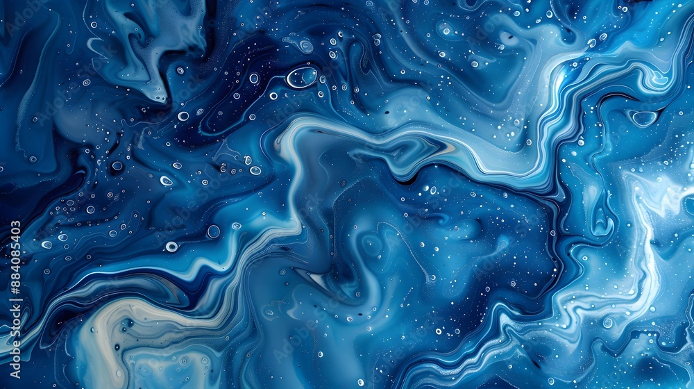 Poster intricate blue liquid patterns and shapes, creating a fluid and artistic background.