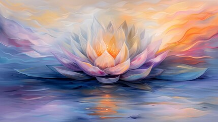 Vibrant watercolor painting of a lotus flower on a serene water surface against a warm sunset sky, symbolizing peace and tranquility.