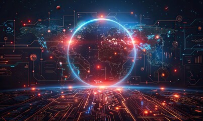 Obraz premium Map of the planet Earth on a blue futuristic background, showcasing the global social network and internet and technology background.