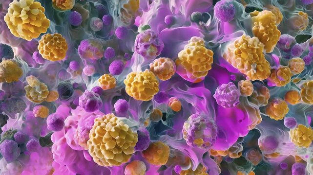 Osteoclasts differentiated from monocytes can be identified in this image by their characteristic multinucleated appearance and numerous lysosomal vesicles.