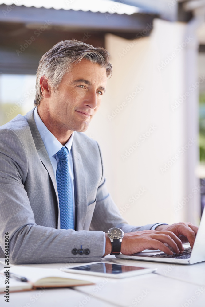 Poster Mature, businessman and typing with laptop in office for audit reports, fault tracking and documentation. Quality assurance manager, thinking and online for software testing, compliance and working.