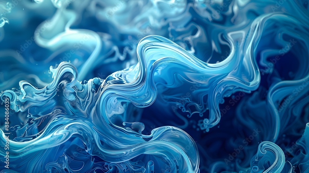 Poster intricate blue liquid patterns and shapes, creating a fluid and artistic background.