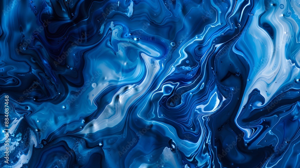 Poster intricate blue liquid patterns and shapes, creating a fluid and artistic background.