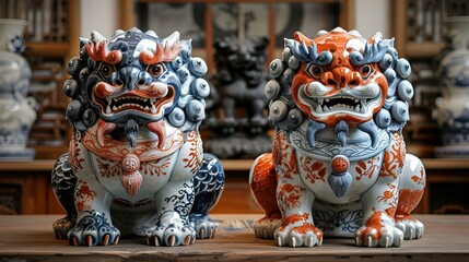 Fototapeta premium Two ceramic lion statues on a wooden table.