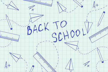 Hand drawn blue pen texture Back to School background design. Welcome School theme with Doodle paper plane, study tools. Art tools drawing. Vector illustration for web and social media. EPS 10