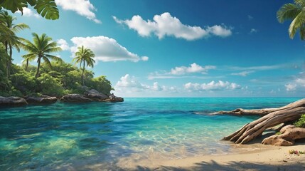 Fototapeta premium Tropical Oasis: A breathtaking tropical beach scene with lush greenery and vibrant flowers framing the shot.