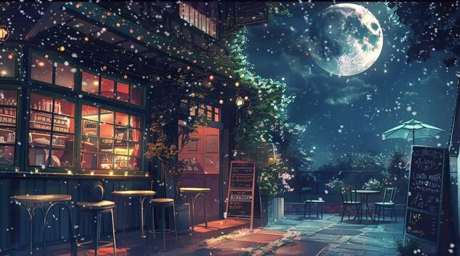 Moonlit rendezvous: Outdoor cafe under the full moon at night
 Seamless looping 4k time-lapse virtual video animation Generated AI