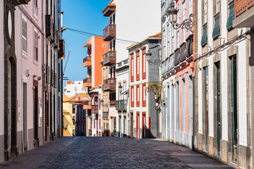 Colonial-style buildings with houses with colorful facades in Santa Cruz de la Palma, Canary Islands.