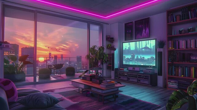 A cyberpunk apartment living room with large windows overlooking the city at sunset, with purple and pink hues, futuristic furniture and smart home technology, in a high resolution style.