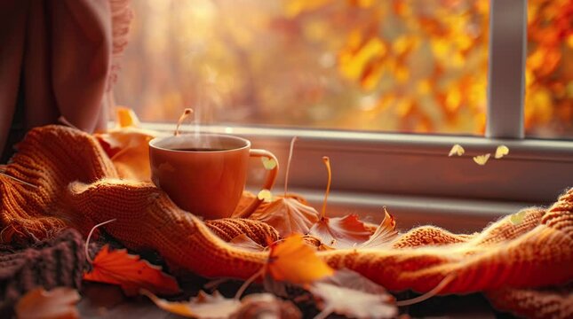 Autumn warmth: Coffee by the window overlooking a colorful fall landscape
 Seamless looping 4k time-lapse virtual video animation Generated AI
