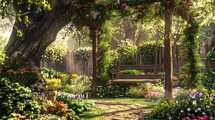 A charming garden with a mix of perennials and annuals, a wooden swing hanging from an old oak tree, and a flower-covered trellis.