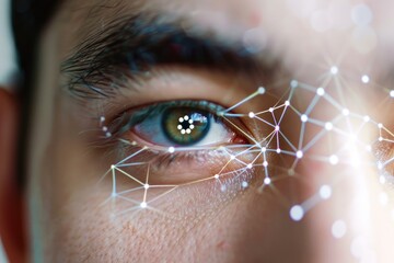 Close up man eye face scanned using facial recognition technology