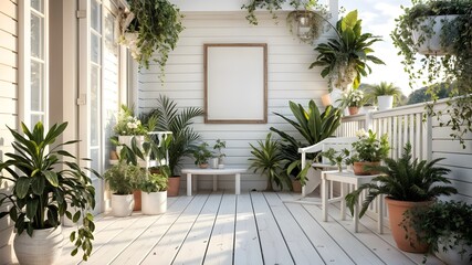 Fototapeta premium A living room with plants and a picture of a plant and a picture on the wall.