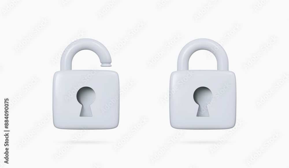 Poster 3d closed and open silver padlock icon set. data protection and security concept. grey lock with pas