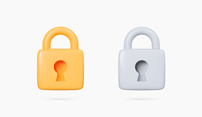 3D Golden and silver lock icon set. Data protection and security concept. Closed yellow and grey padlock. Privacy and encryption. Cartoon creative design icons. 3D Vector illustration
