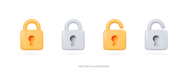 3D Golden and silver lock icon set. Data protection and security concept. Closed and open yellow and grey padlock. Privacy and encryption. Cartoon creative design icons. 3D Vector illustration