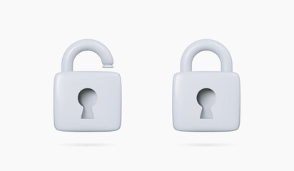 3D Closed and open silver padlock icon set. Data protection and security concept. Grey lock with password. Privacy and encryption. Cartoon creative design icons. 3D Vector illustration